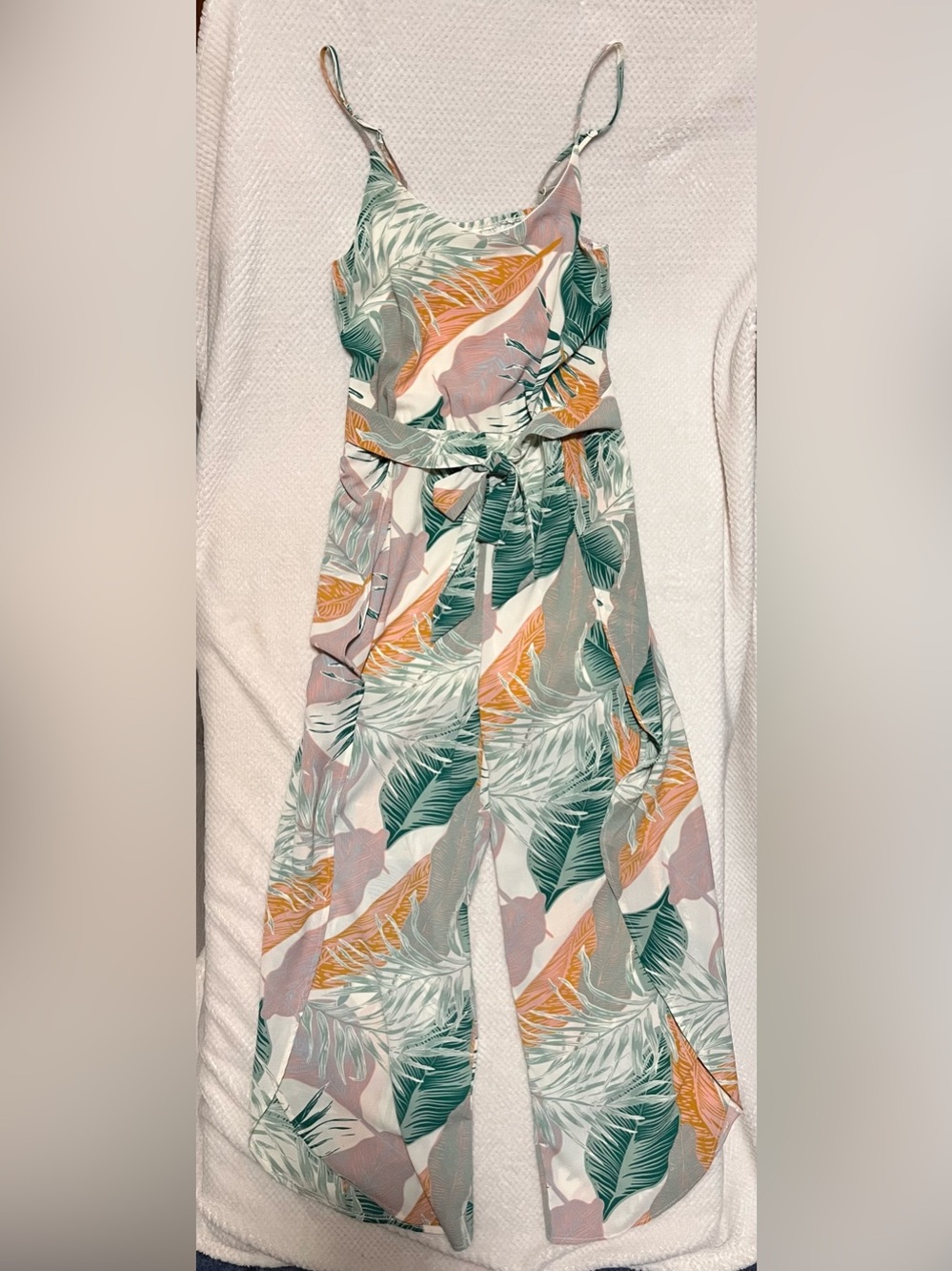 Tropical Leaf Wide-Leg Jumpsuit - Green/Pink/Orange